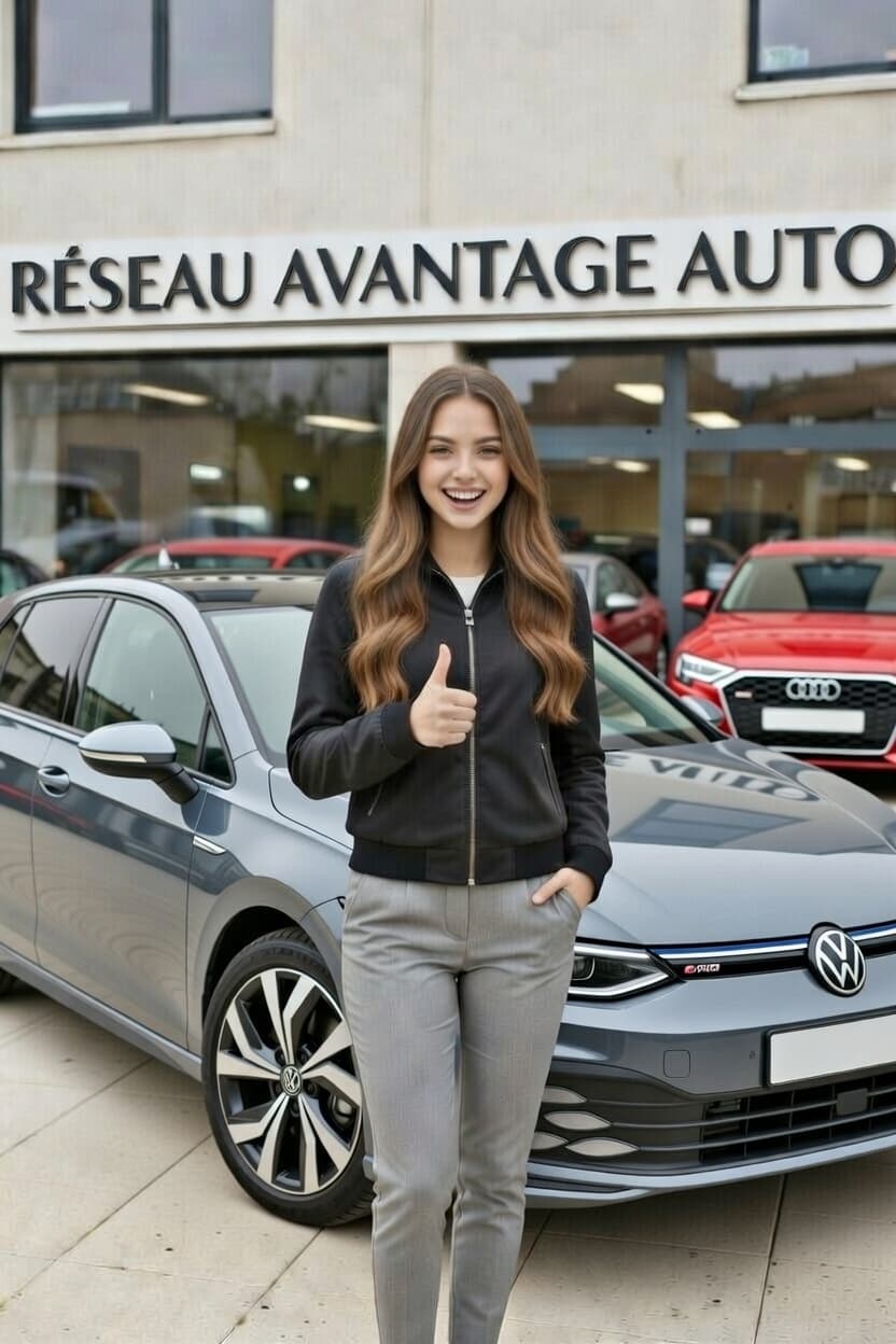 Une cliente satisfaite devant la vitrine Réseau Avantage Auto, pouce levé