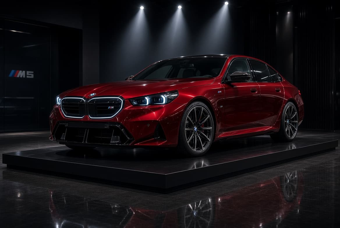 Berline sportive exposée sous les projecteurs du showroom
