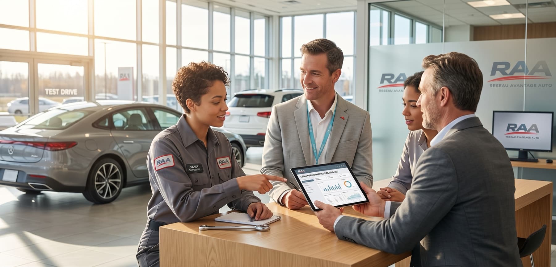 Des conseillers RAA échangent autour d’une tablette dans le showroom de l’agence